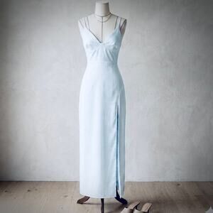 Ice Blue Satin Thigh Slit Column Maxi Formal Dress - Size S Y2K Minimalist NWT